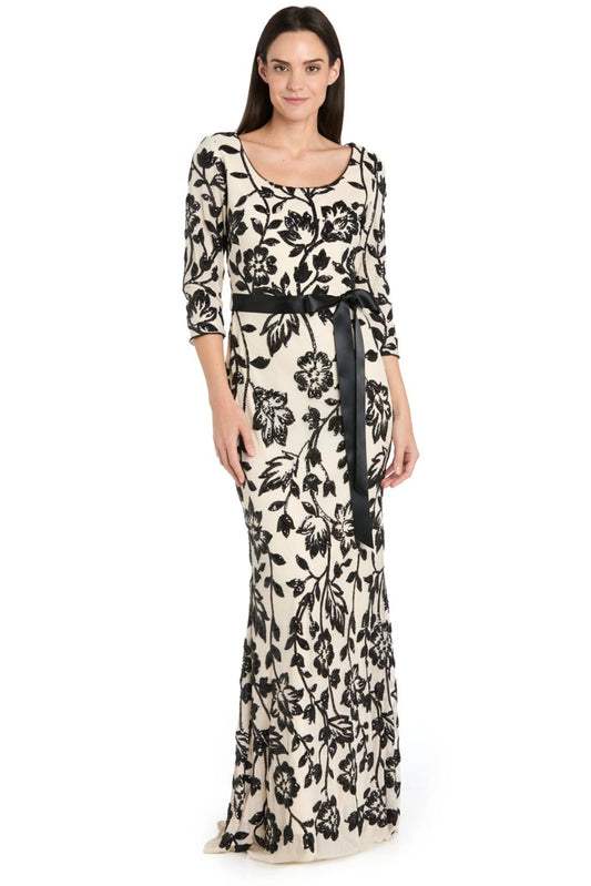 R&M Richards Champagne Black Sequined Floral Satin-Sash Gown