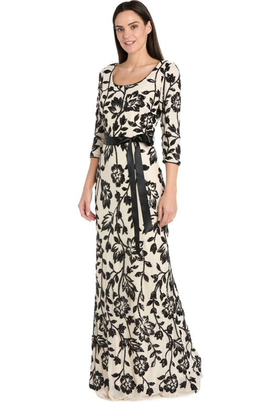 R&M Richards Champagne Black Sequined Floral Satin-Sash Gown
