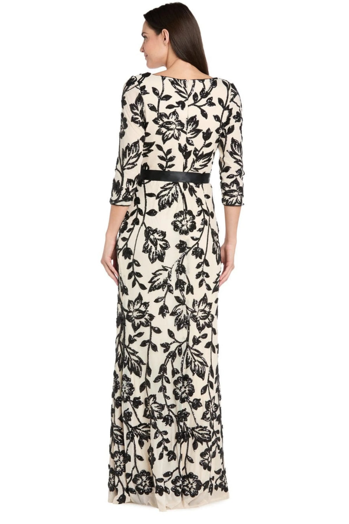 R&M Richards Champagne Black Sequined Floral Satin-Sash Gown
