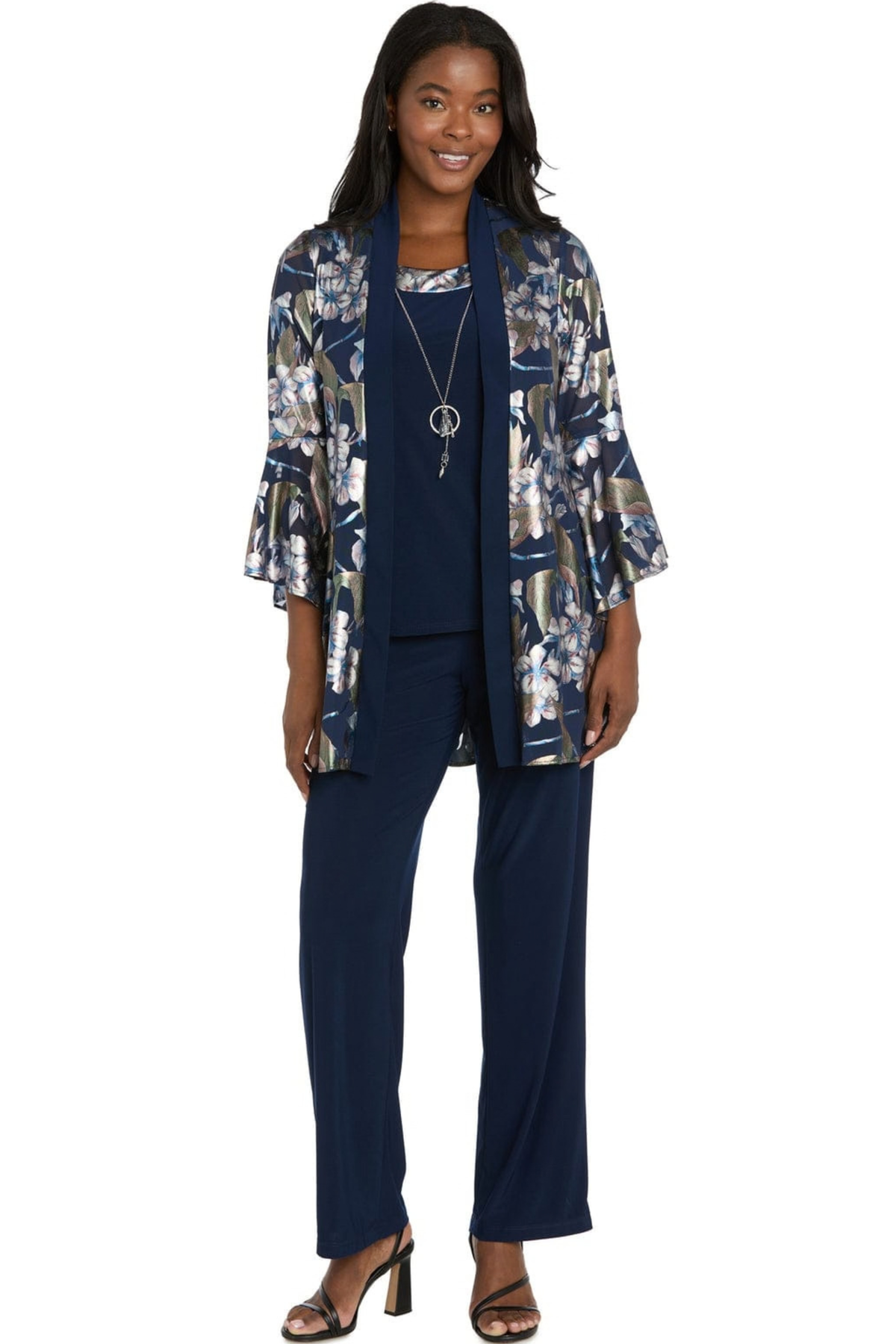 R&M Richards Navy Rose Metallic Floral Printed 3-Piece Duster Pantsuit