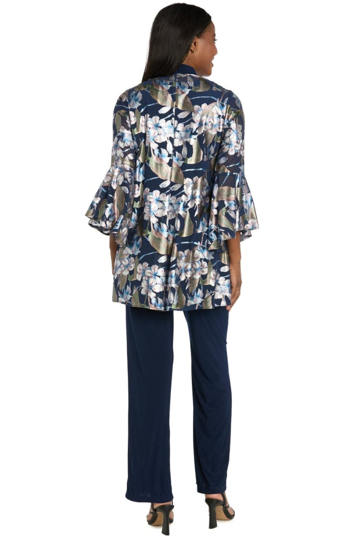 R&M Richards Navy Rose Metallic Floral Printed 3-Piece Duster Pantsuit