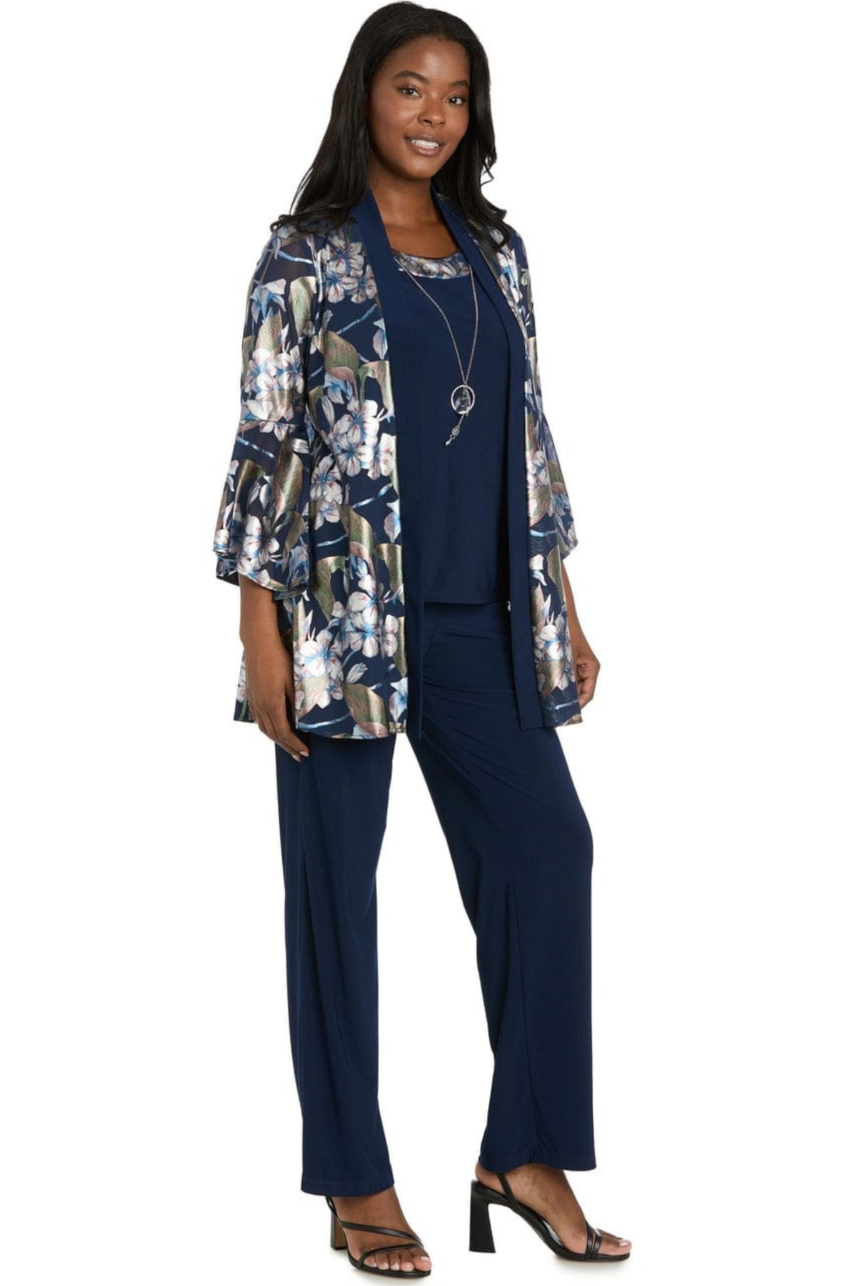 R&M Richards Navy Rose Metallic Floral Printed 3-Piece Duster Pantsuit