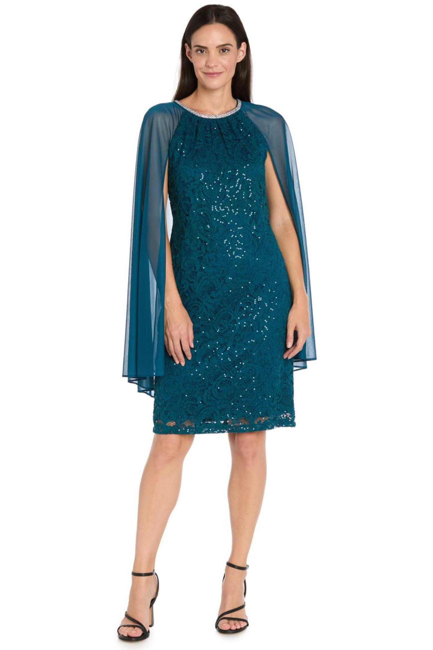 R&M Richards Sequined Lace Capelet Dress