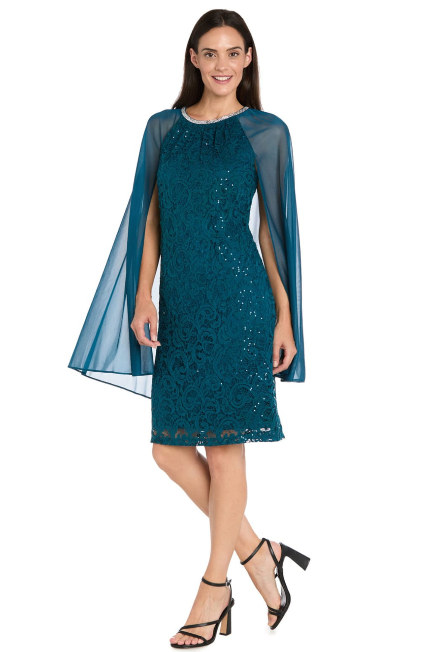 R&M Richards Sequined Lace Capelet Dress