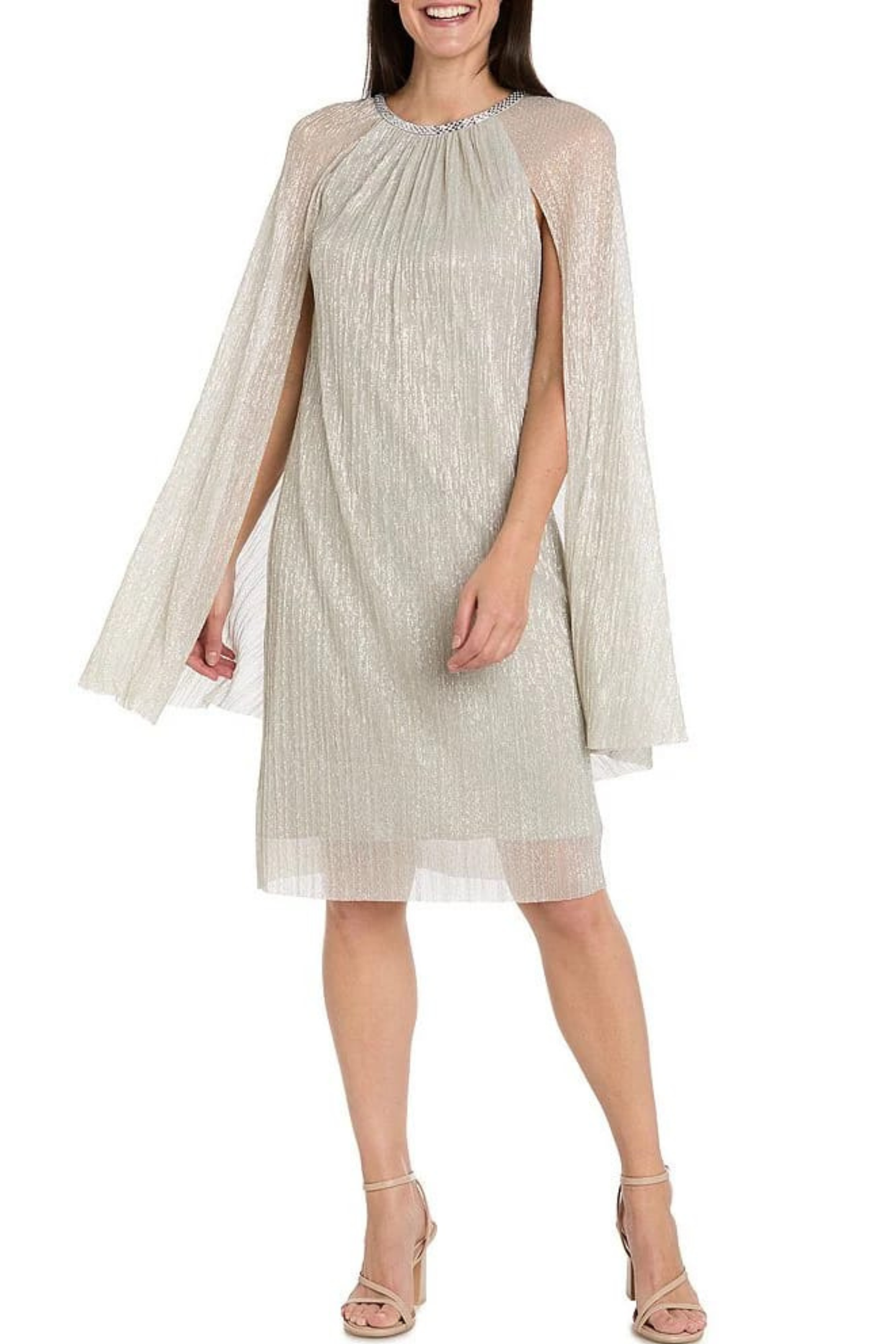R&M Richards Champagne Metallic Plissé Cape Cocktail Dress