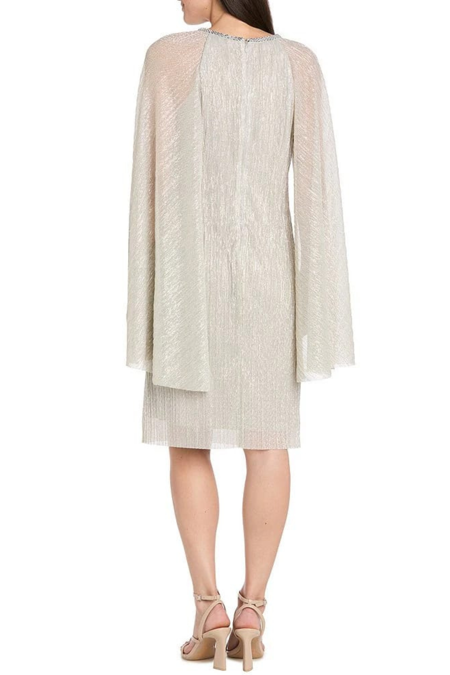 R&M Richards Champagne Metallic Plissé Cape Cocktail Dress