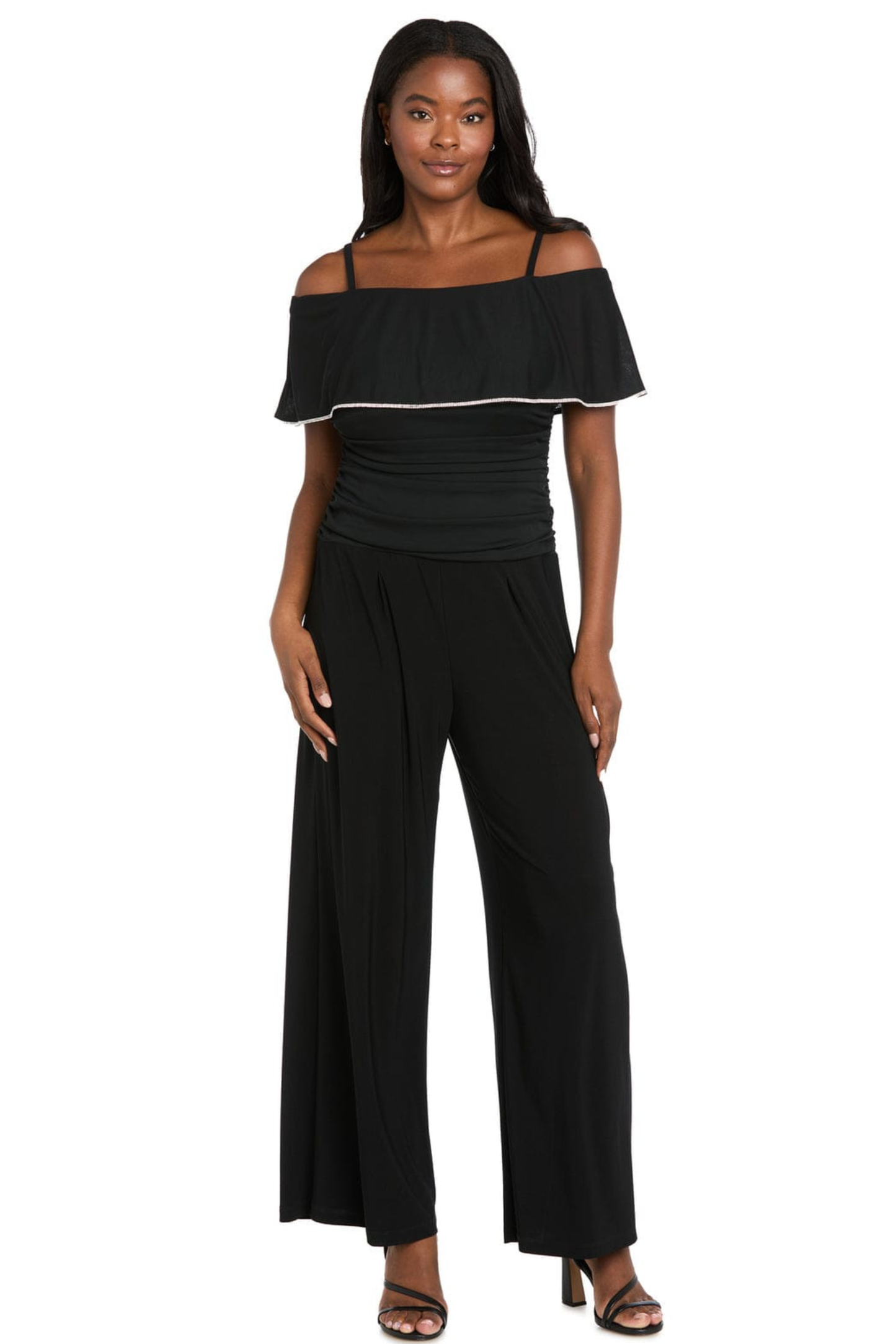 R&M Richards Black Cold-Shoulder Ruffle Trim Formal Jumpsuit