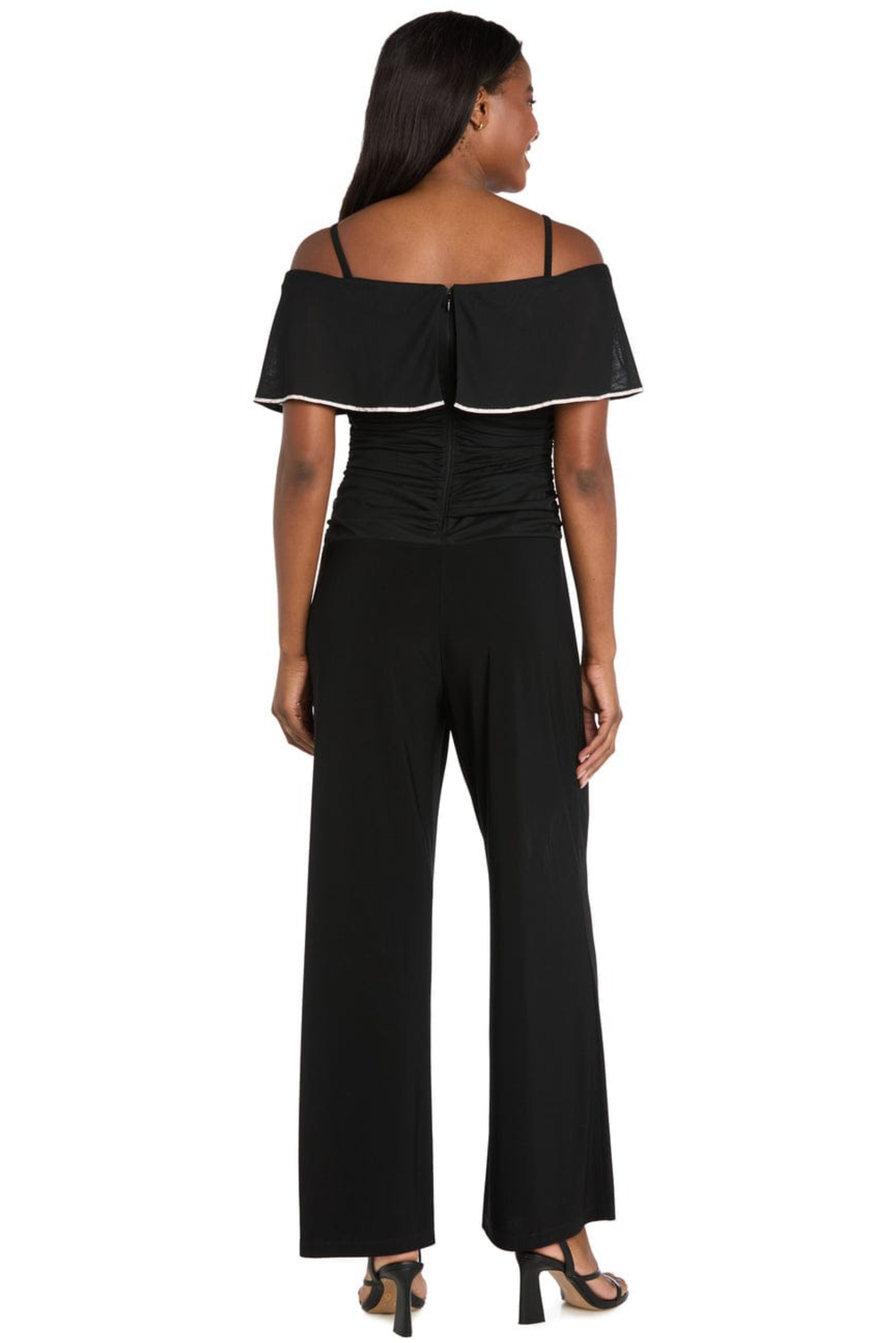 R&M Richards Black Cold-Shoulder Ruffle Trim Formal Jumpsuit
