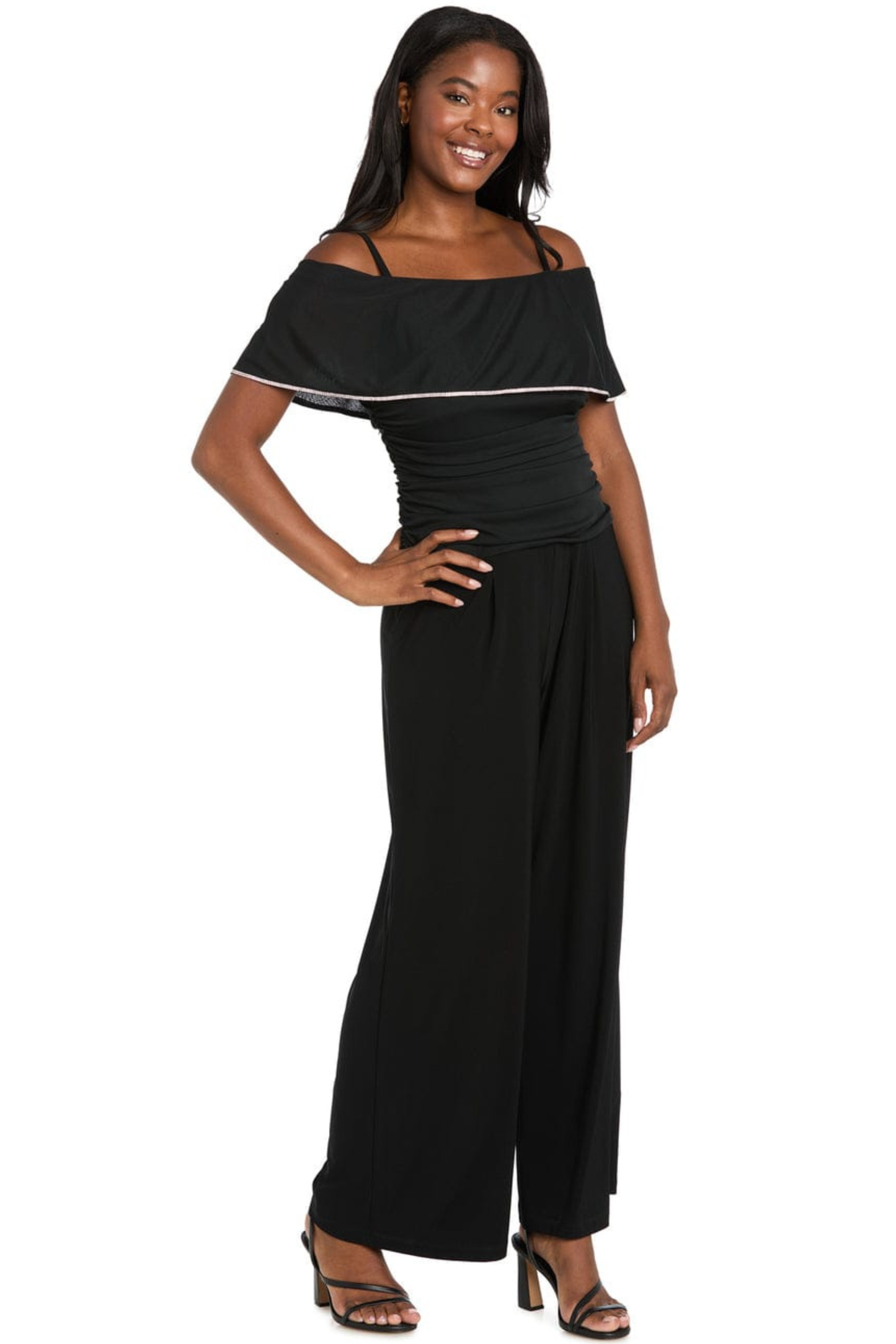 R&M Richards Black Cold-Shoulder Ruffle Trim Formal Jumpsuit
