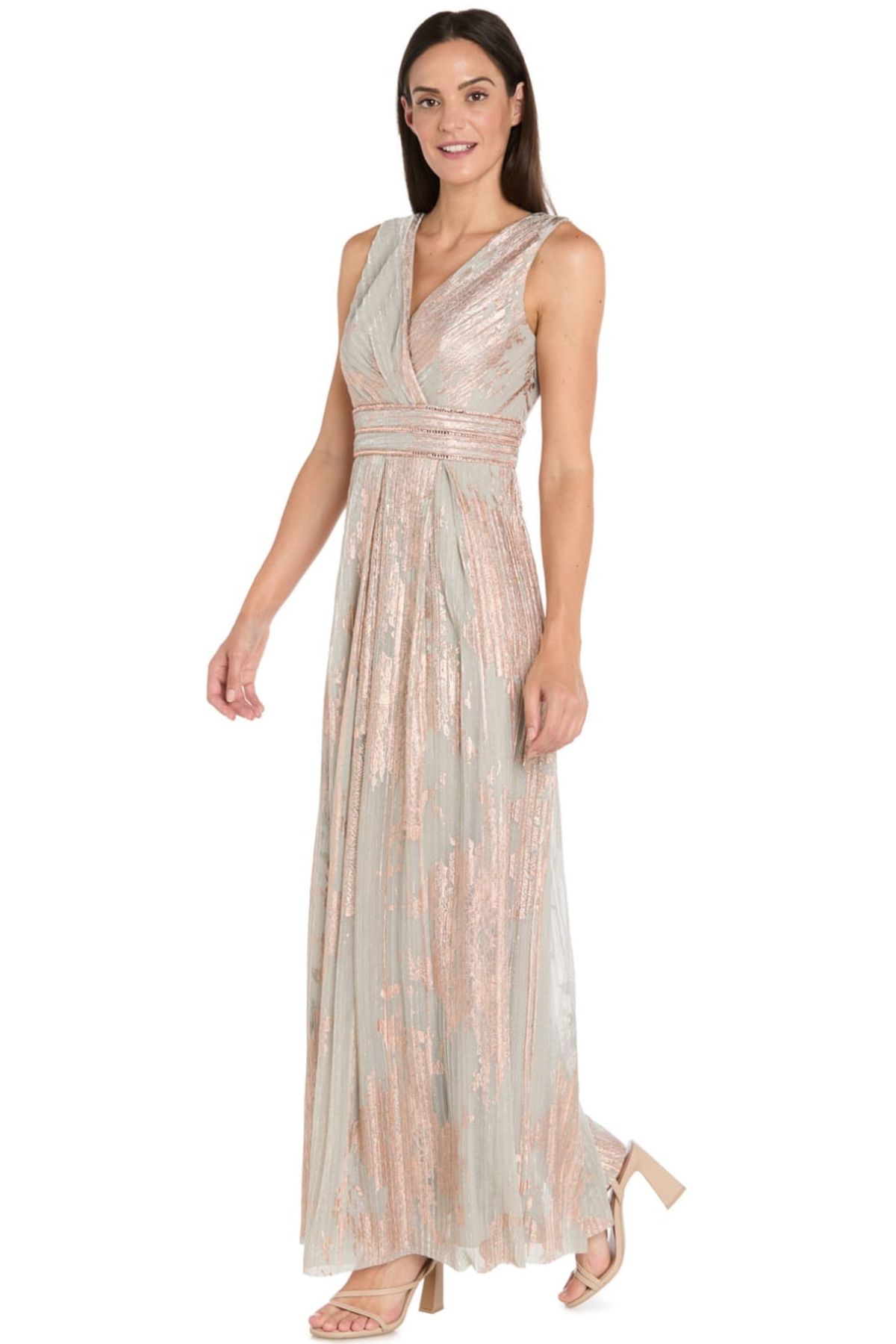 R&M Richards Rose Gold Metallic Foil Sleeveless Evening Gown