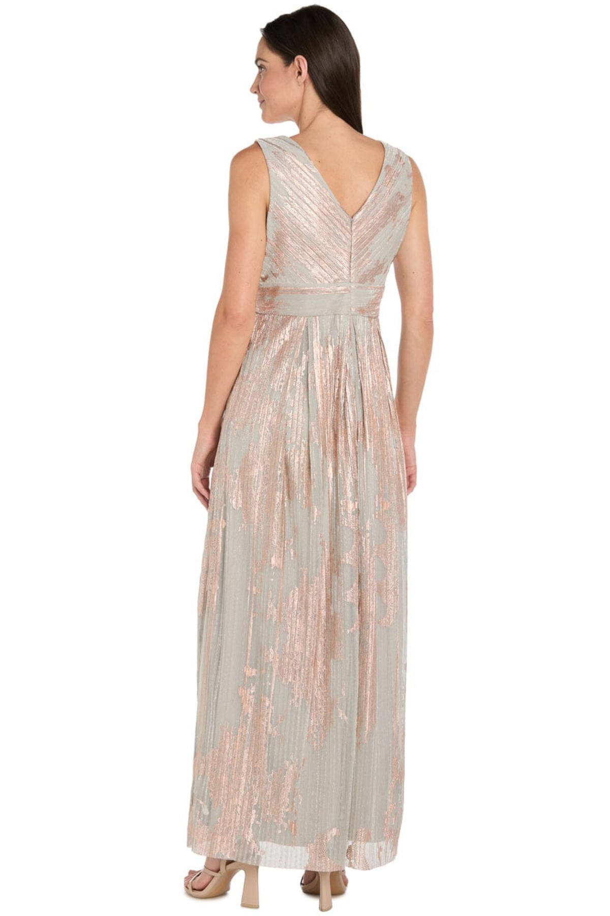 R&M Richards Rose Gold Metallic Foil Sleeveless Evening Gown