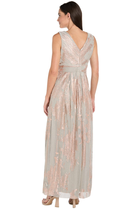 R&M Richards Rose Gold Metallic Foil Sleeveless Evening Gown