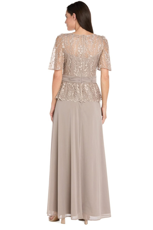 R&M Richards Mocha Embroidered Sequin Peplum Flutter Sleeve Evening Gown