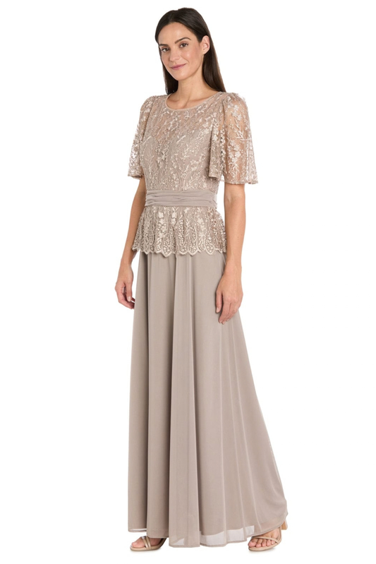 R&M Richards Mocha Embroidered Sequin Peplum Flutter Sleeve Evening Gown