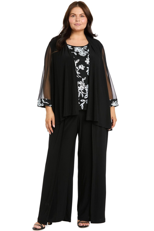 R&M Richards Black & White Floral Embroidered 3-Piece Duster Pantsuit