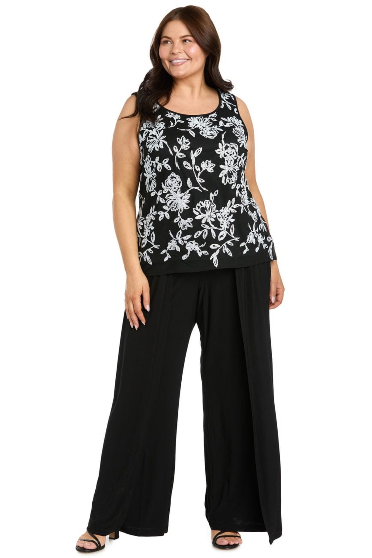 R&M Richards Black & White Floral Embroidered 3-Piece Duster Pantsuit