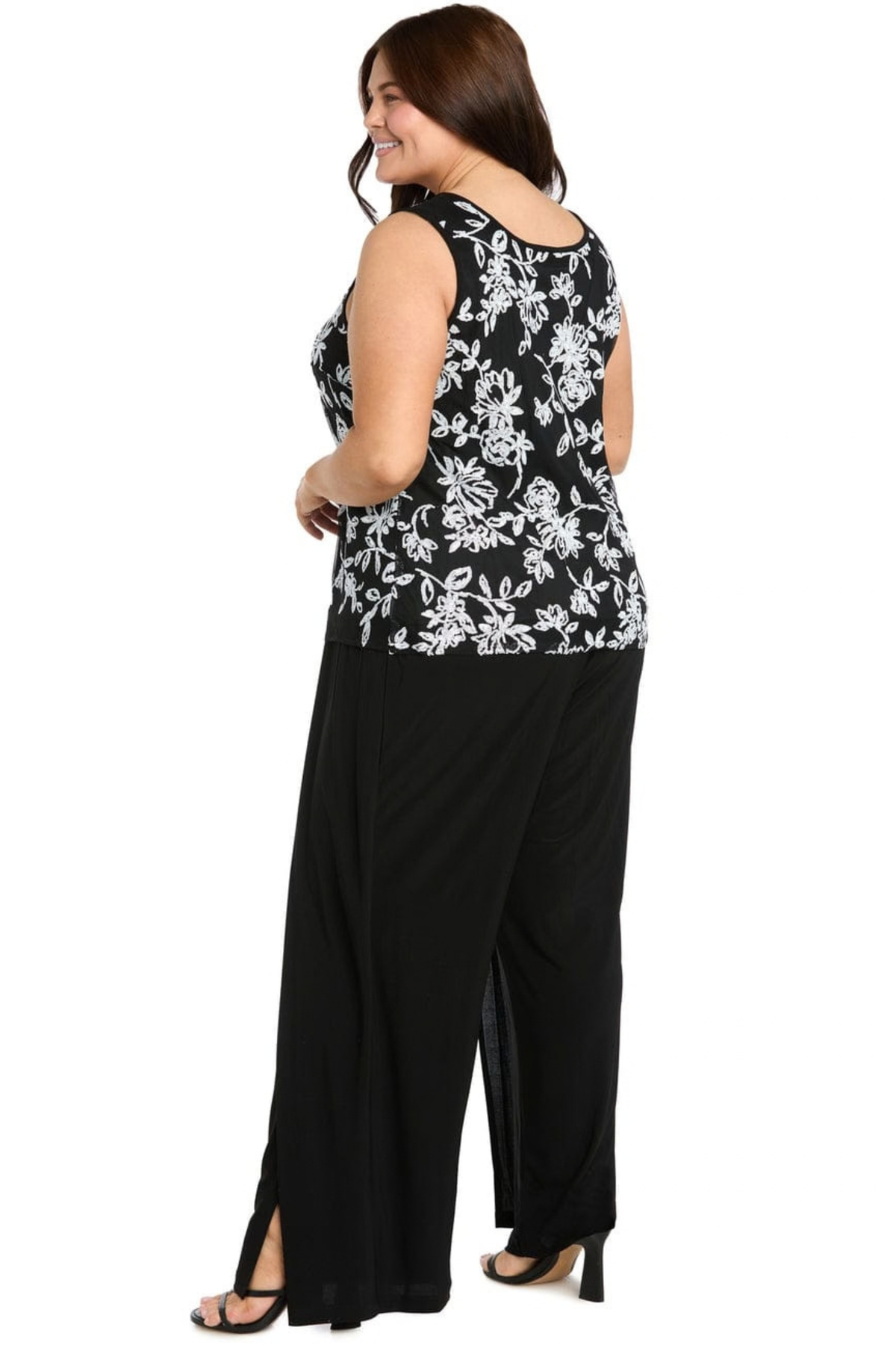 R&M Richards Black & White Floral Embroidered 3-Piece Duster Pantsuit