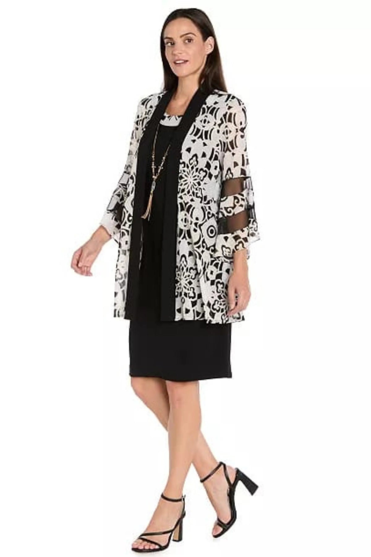 R&M Richards Black Cream Geometric Print Duster Jacket Dress