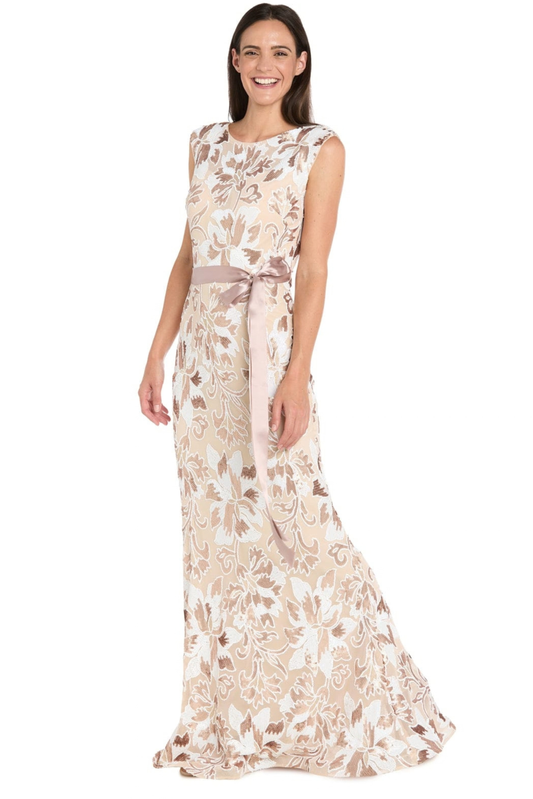R&M Richards Nude Multi Sequin Floral Sleeveless Evening Gown with Satin Sash
