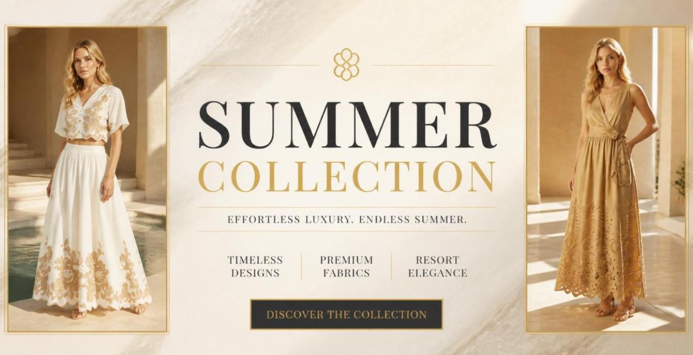 Promotional banner for a summer collection featuring two elegant dresses: a white short-sleeve maxi dress with gold embroidery on the left, and a sleeveless gold maxi dress on the right, set against a warm beige marble background with the text 'SUMMER COLLECTION'.