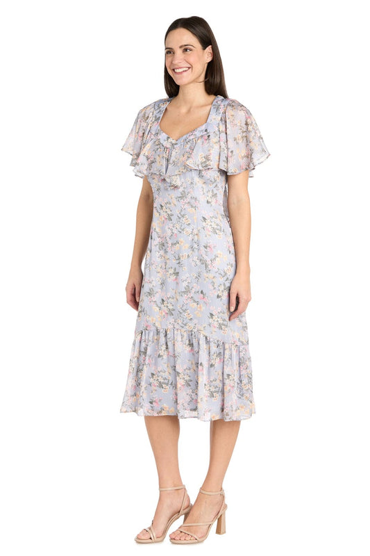 RM Richards Ruffle Floral Midi Dress with Flutter Sleeves