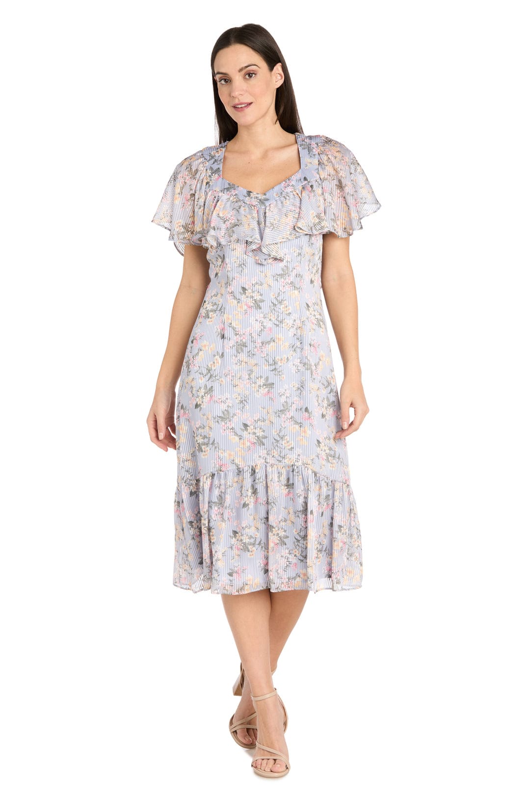 RM Richards Ruffle Floral Midi Dress with Flutter Sleeves