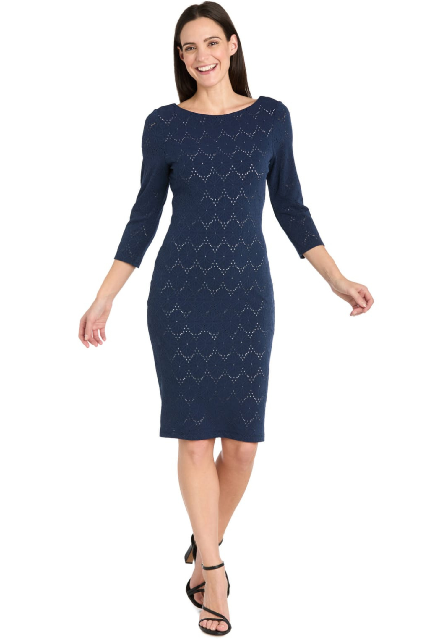 R&M Richards Navy & Nude Geometric Crochet Sheath Day Dress