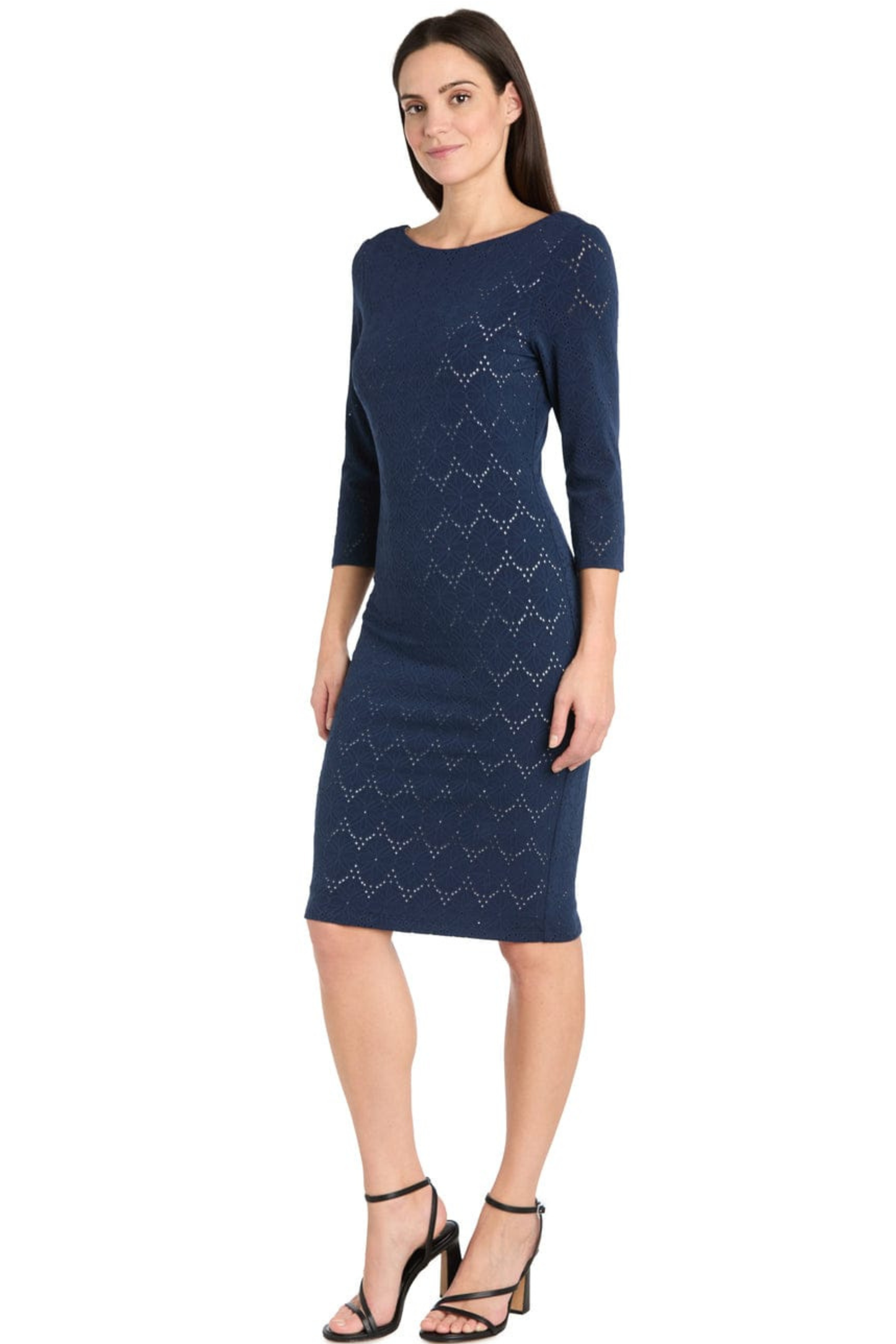 R&M Richards Navy & Nude Geometric Crochet Sheath Day Dress
