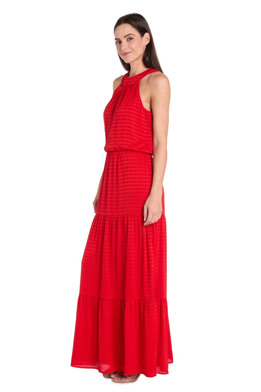RM Richards Textured Halter Maxi Dress with Tiered Skirt