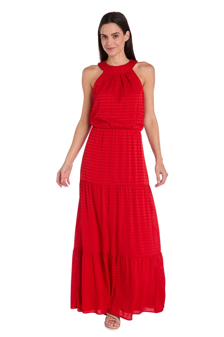 RM Richards Textured Halter Maxi Dress with Tiered Skirt
