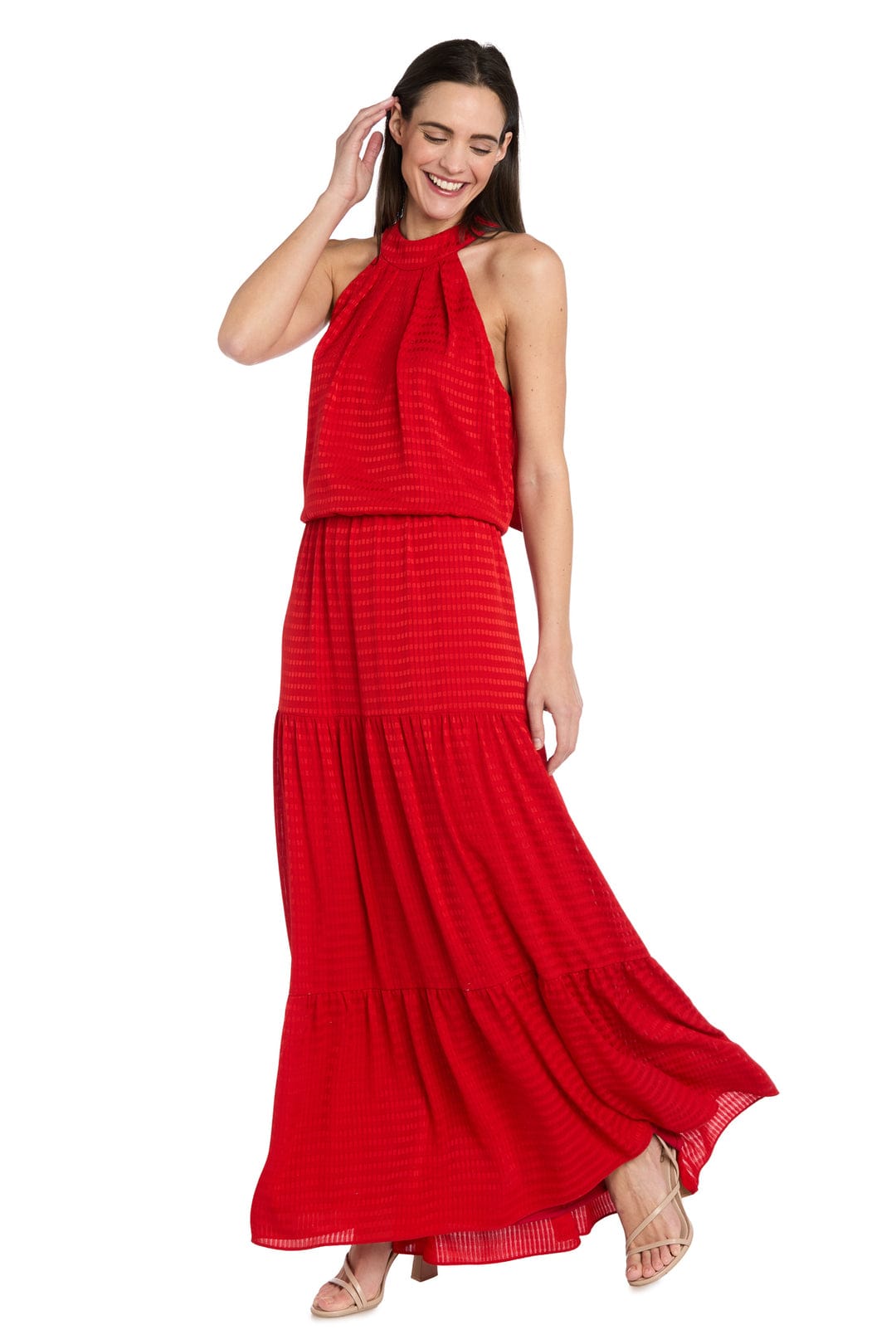 RM Richards Textured Halter Maxi Dress with Tiered Skirt