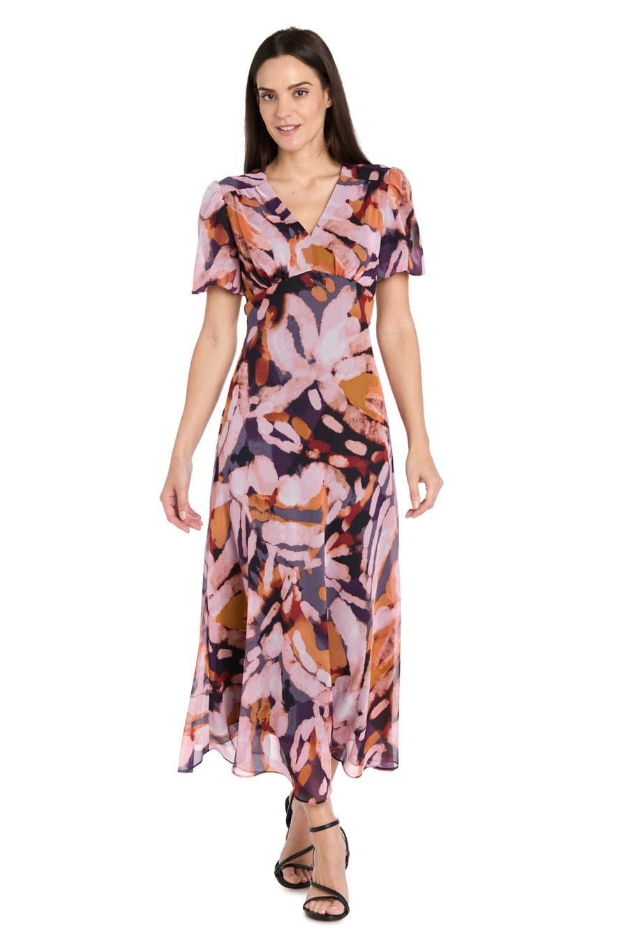 RM Richards Floral V-Neck Midi Dress with Flutter Sleeves