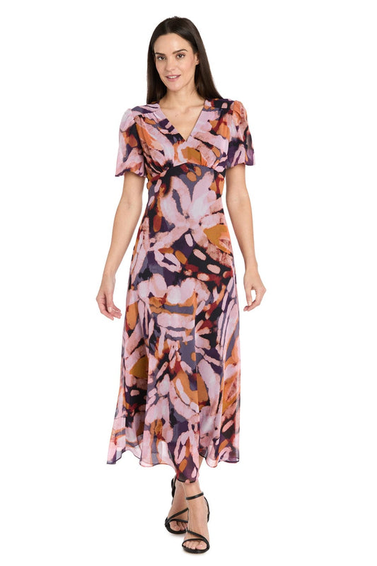 RM Richards Floral V-Neck Midi Dress with Flutter Sleeves