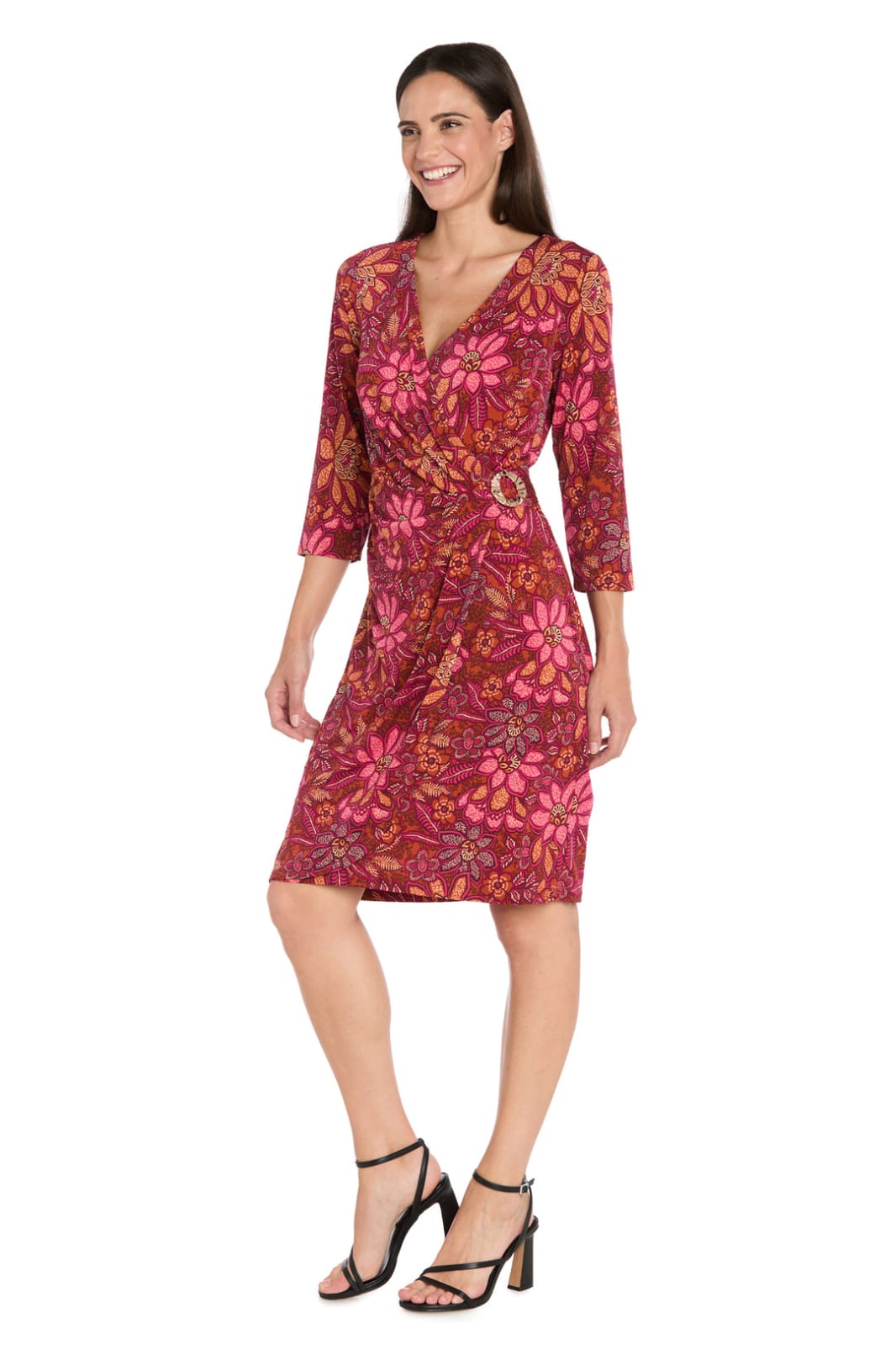 R&M Richards Red Floral Faux-Wrap Side-Buckle Day Dress
