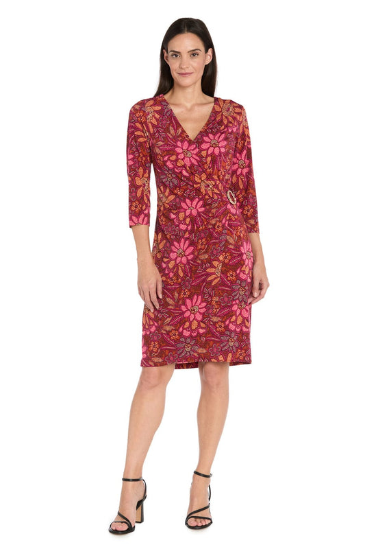 R&M Richards Red Floral Faux-Wrap Side-Buckle Day Dress
