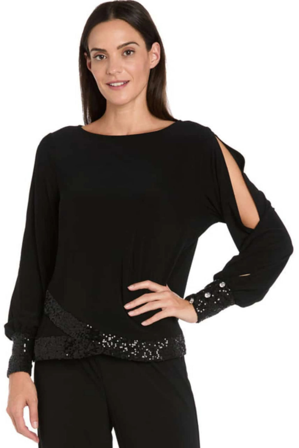 R&M Richards Black Cold-Shoulder Sequin Cuffed Pant Suit