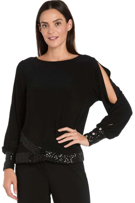 R&M Richards Black Cold-Shoulder Sequin Cuffed Pant Suit