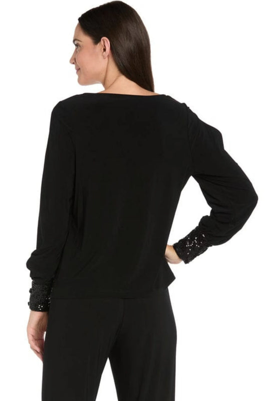 R&M Richards Black Cold-Shoulder Sequin Cuffed Pant Suit