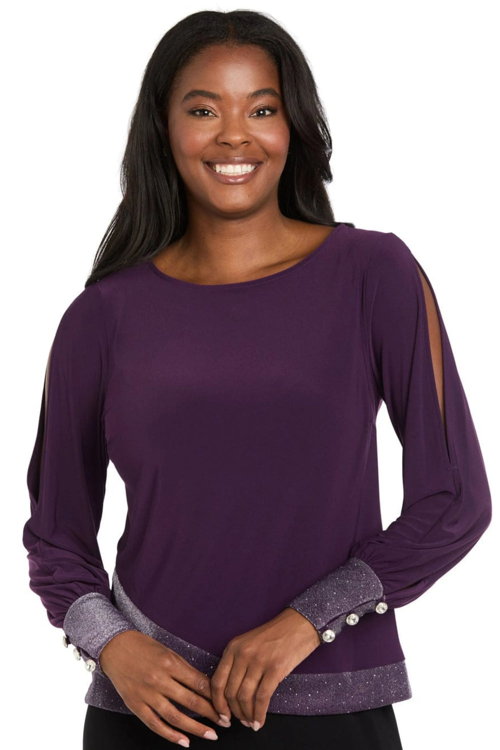 R&M Richards Plum Cold-Shoulder Metallic Trim Top