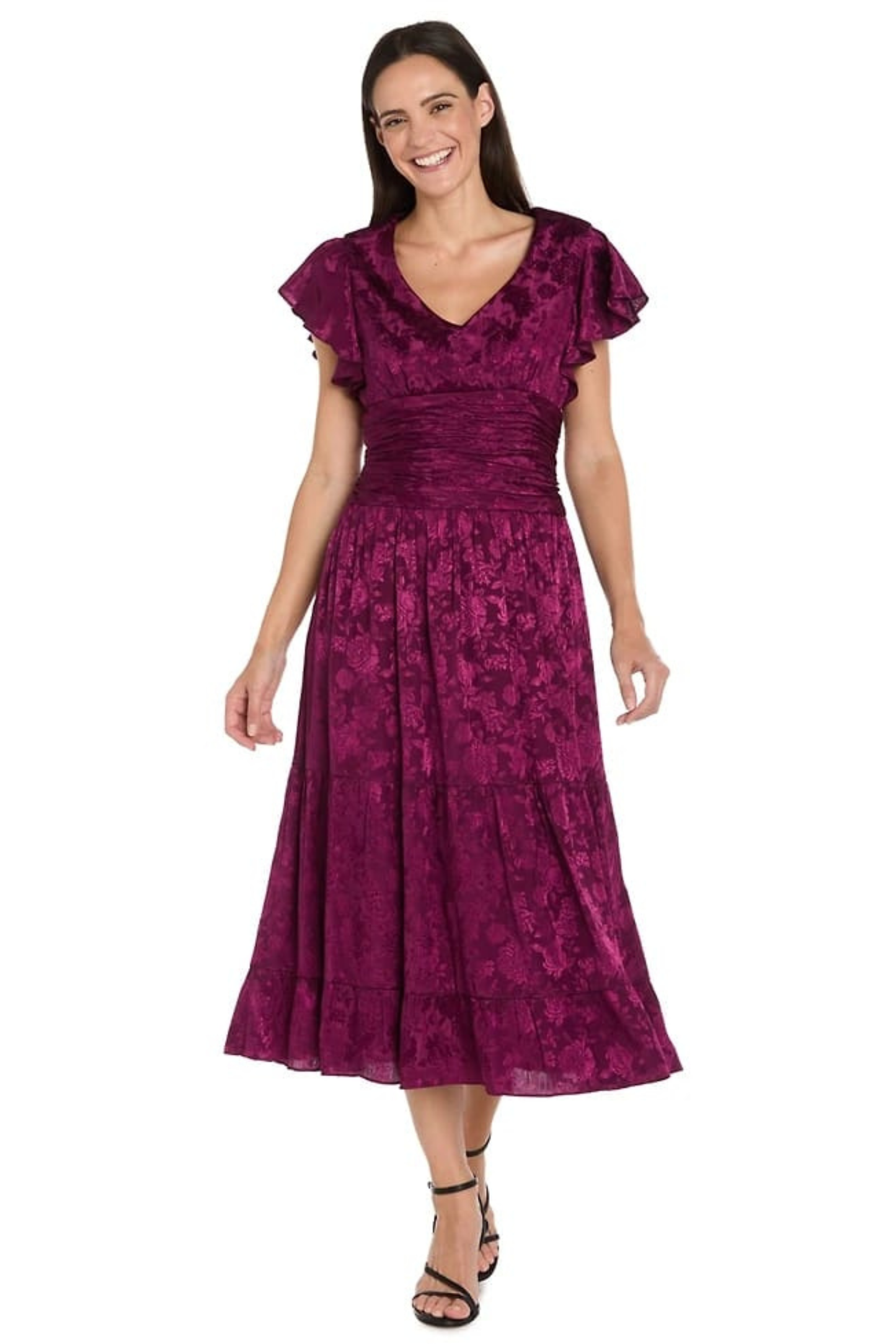 R&M Richards Sangria Floral Jacquard Tiered Midi Cocktail Dress