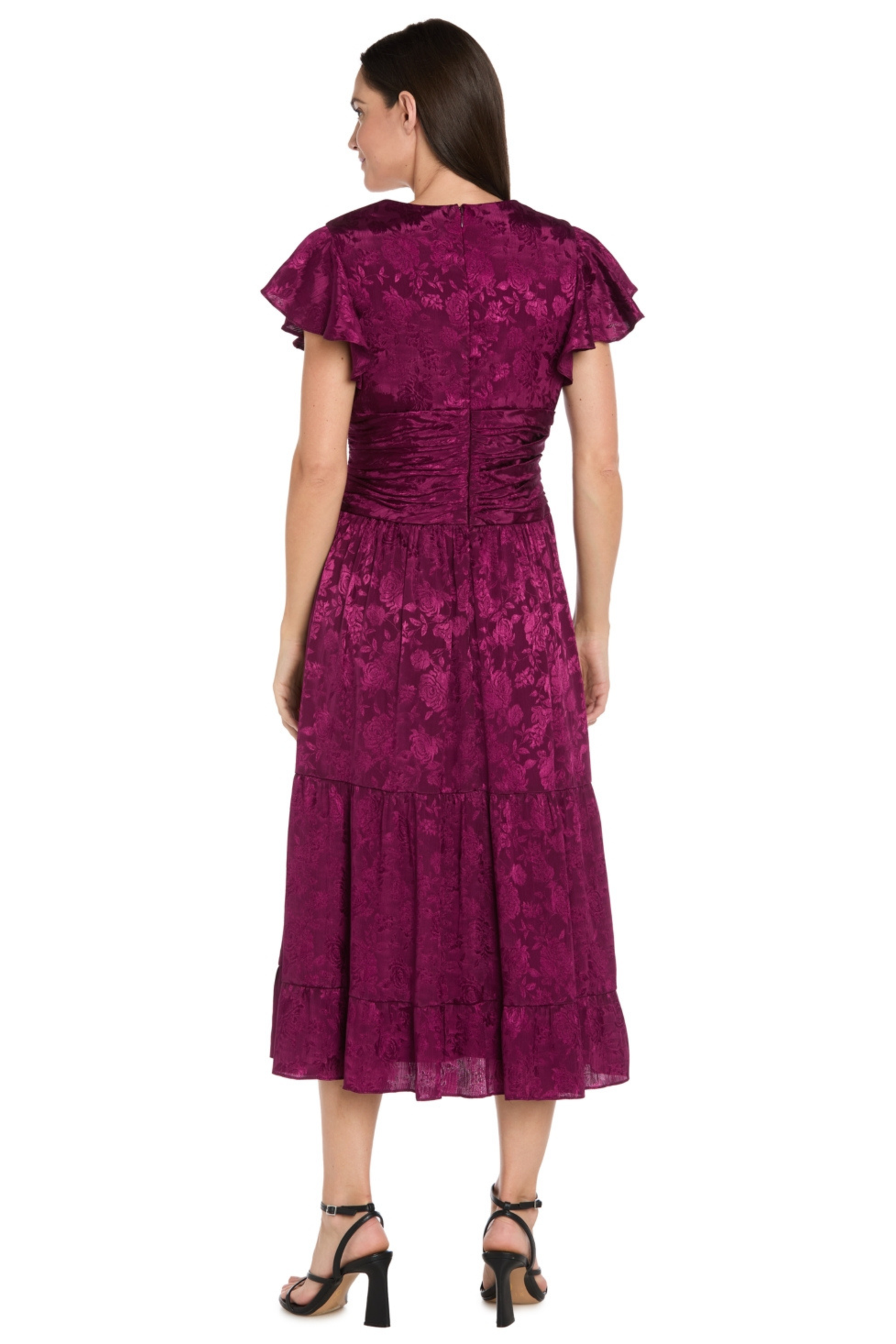 R&M Richards Sangria Floral Jacquard Tiered Midi Cocktail Dress