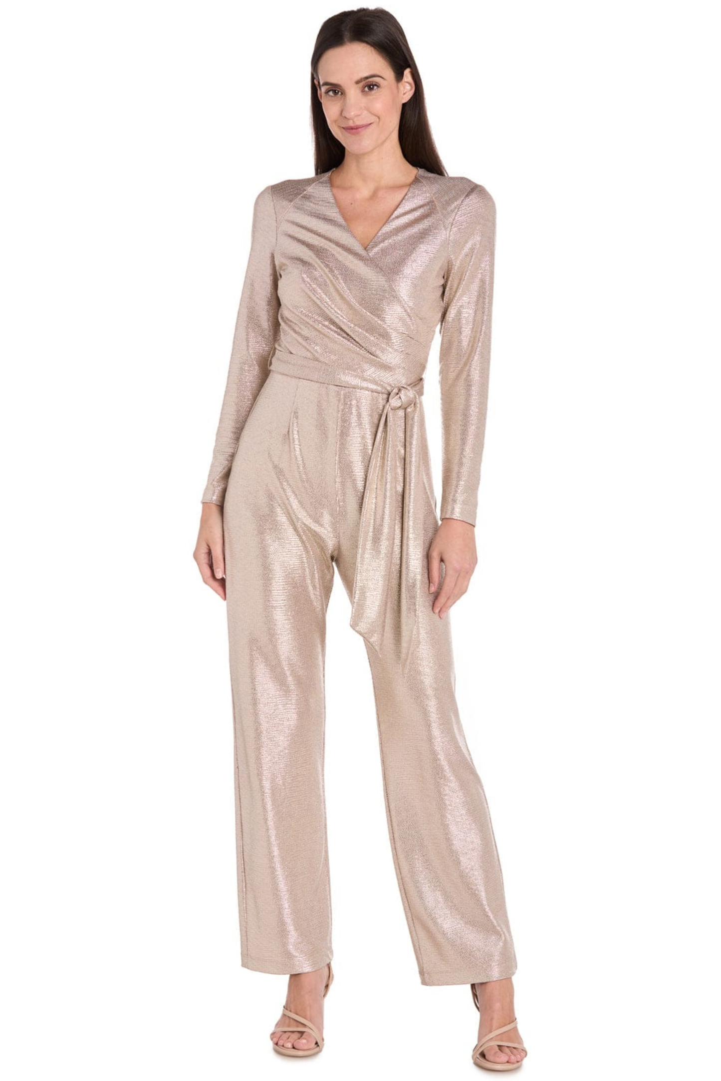 R&M Richards Mocha Metallic Long-Sleeve Belted Jumpsuit