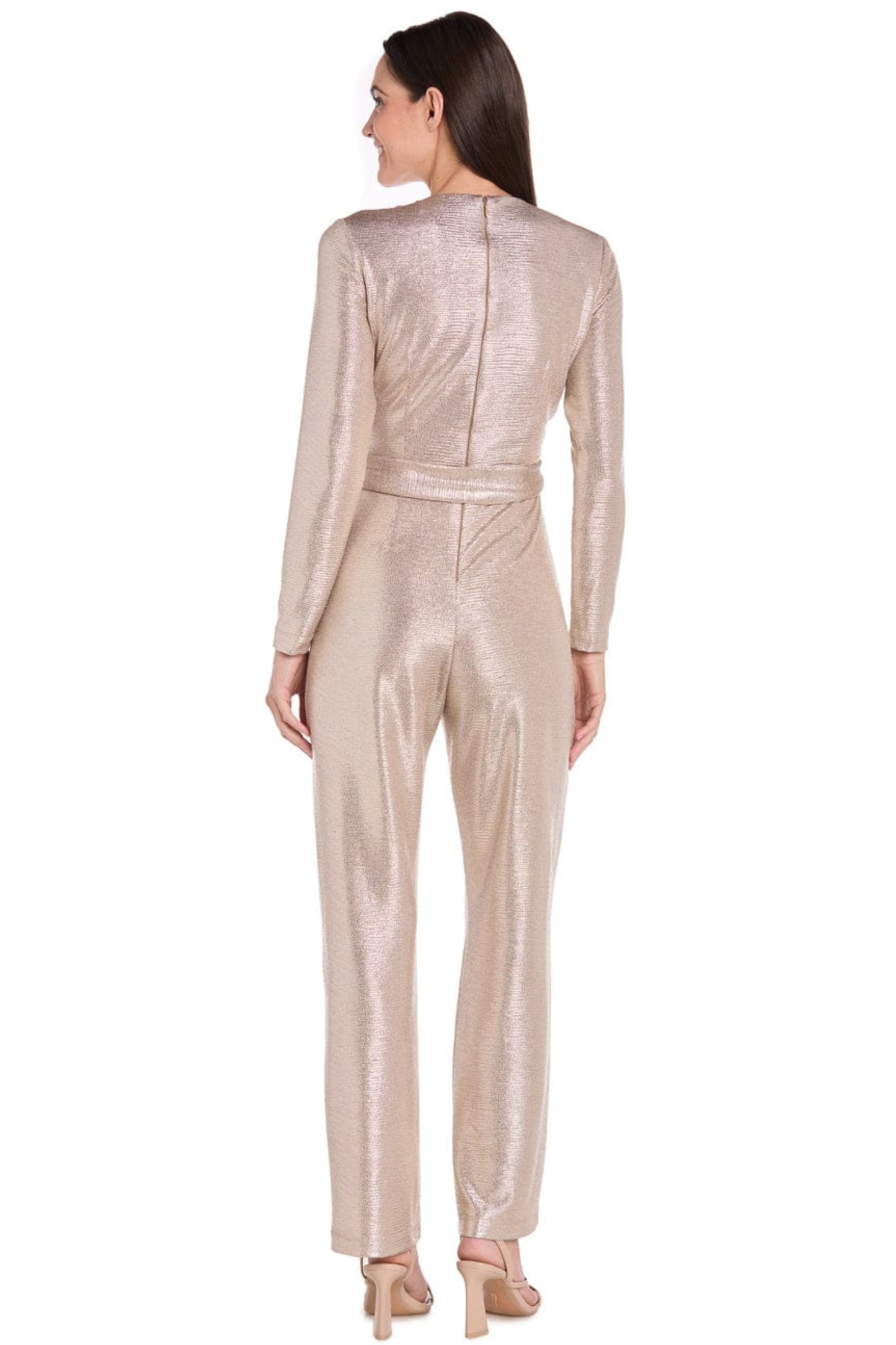 R&M Richards Mocha Metallic Long-Sleeve Belted Jumpsuit