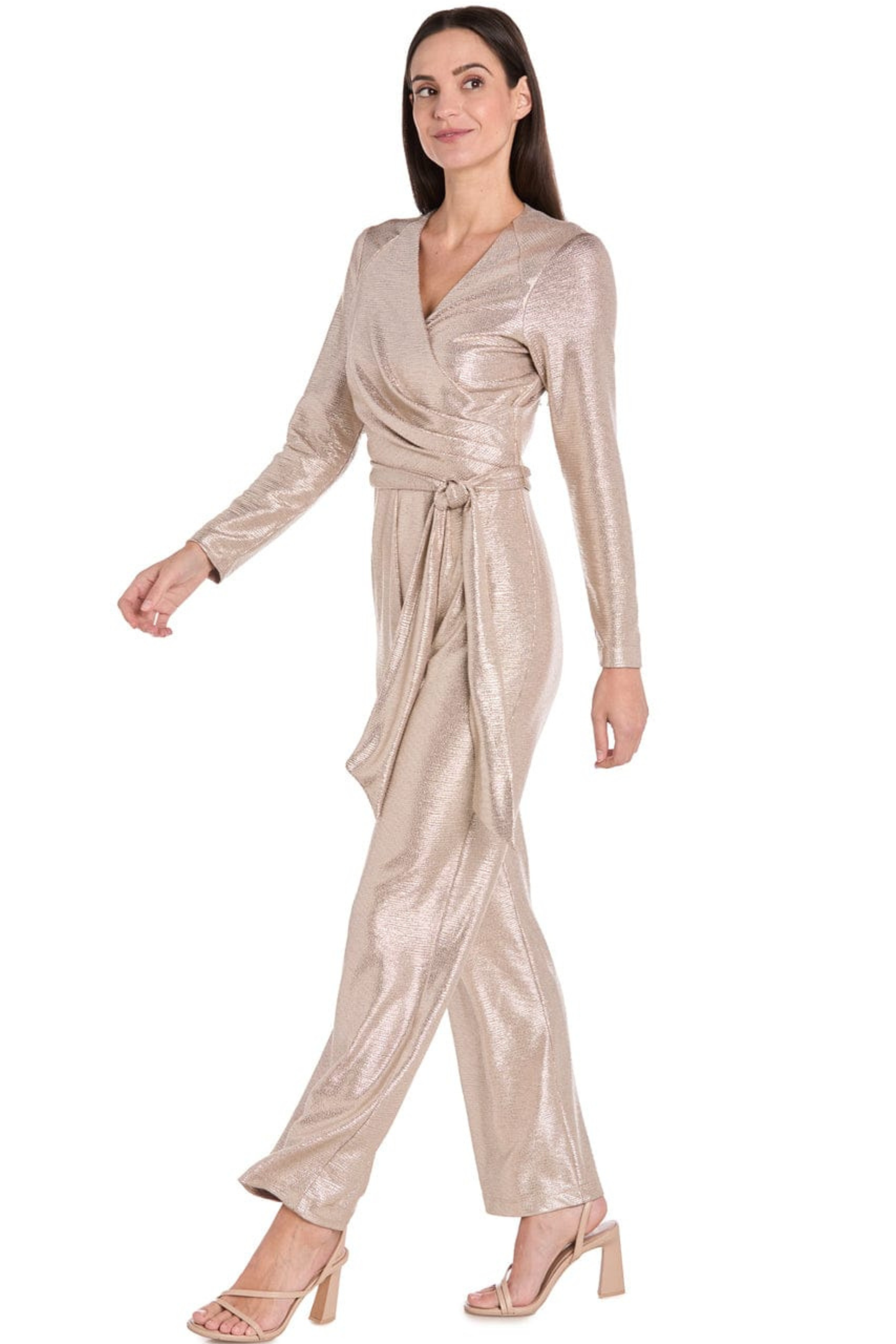 R&M Richards Mocha Metallic Long-Sleeve Belted Jumpsuit
