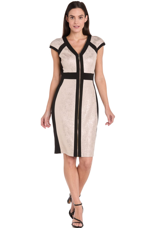 R&M Richards Champagne & Black Metallic Colorblock Zipper Party Dress
