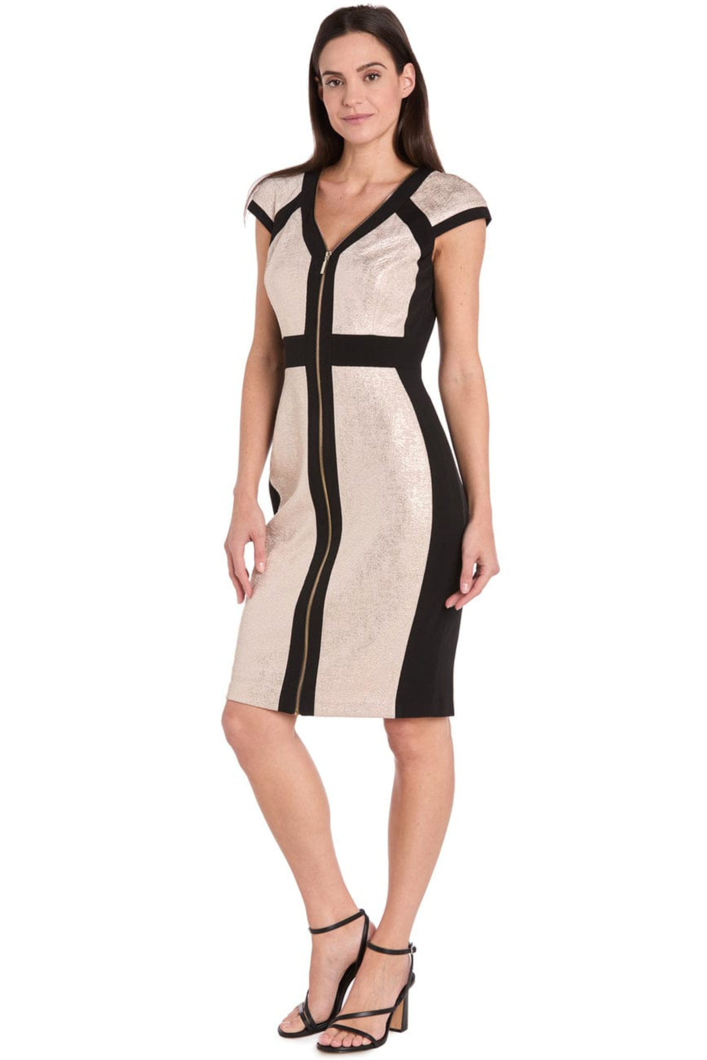 R&M Richards Champagne & Black Metallic Colorblock Zipper Party Dress