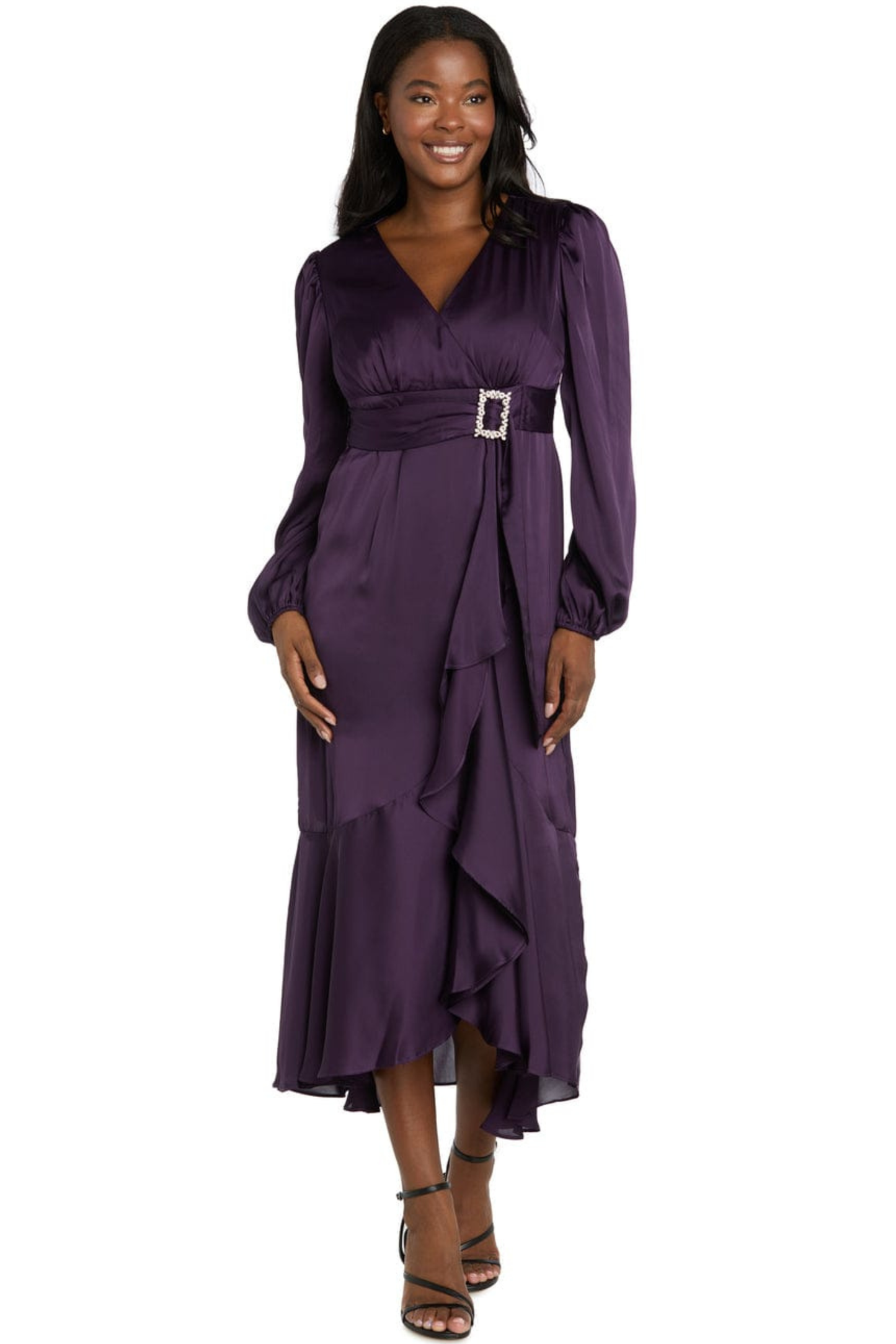 R&M Richards Satin Rhinestone-Buckle Faux-Wrap Party Dress
