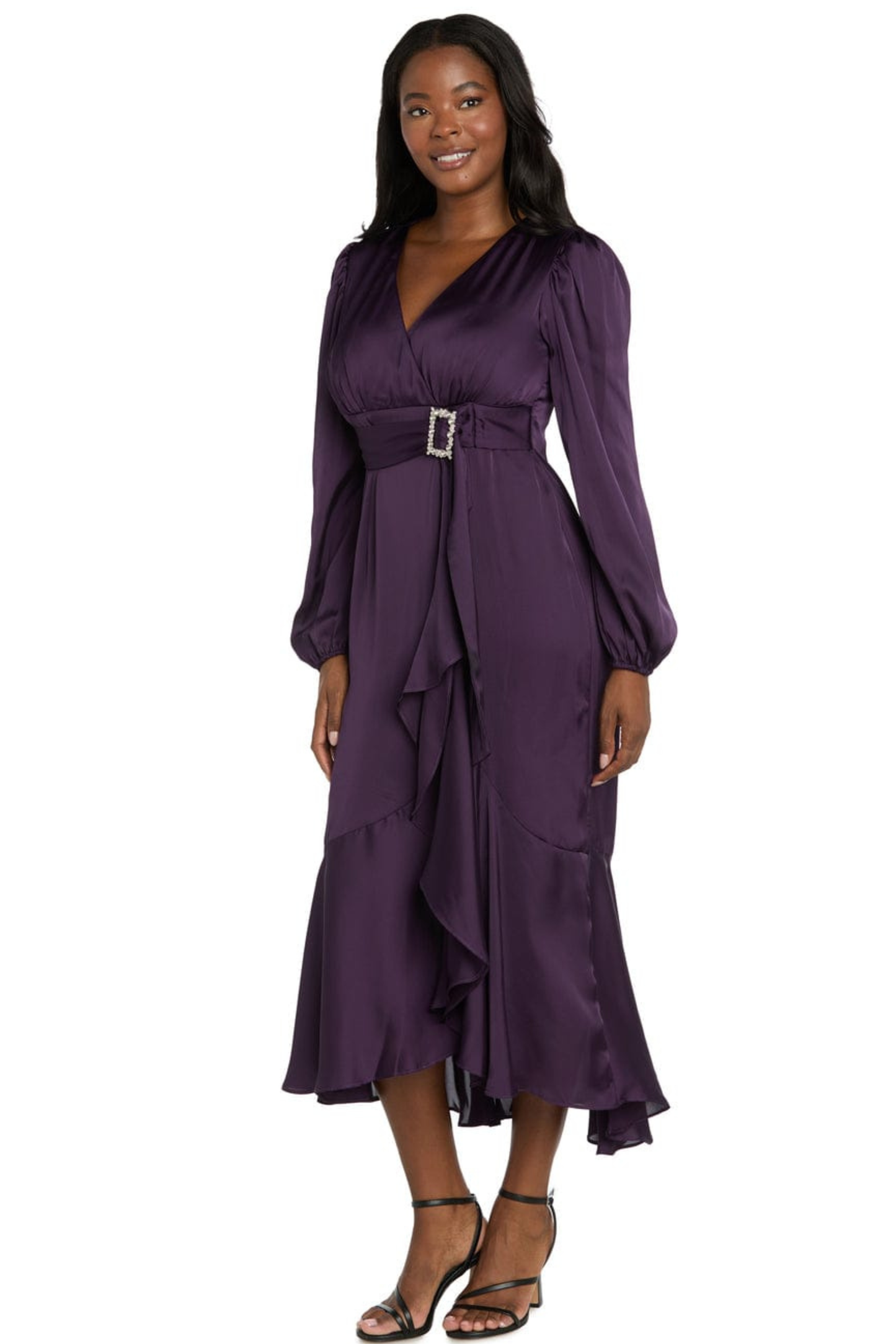 R&M Richards Satin Rhinestone-Buckle Faux-Wrap Party Dress