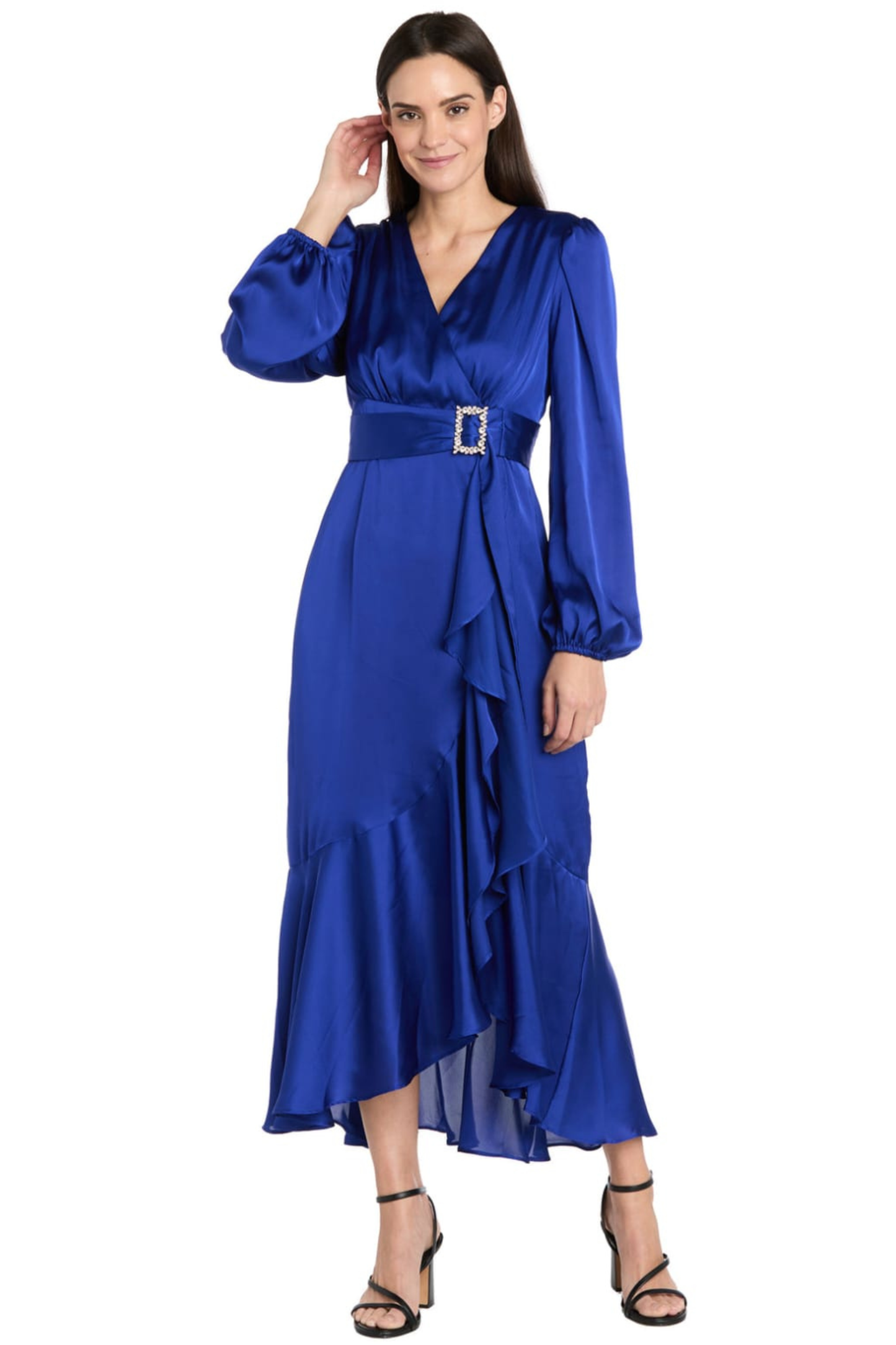 R&M Richards Satin Rhinestone-Buckle Faux-Wrap Party Dress