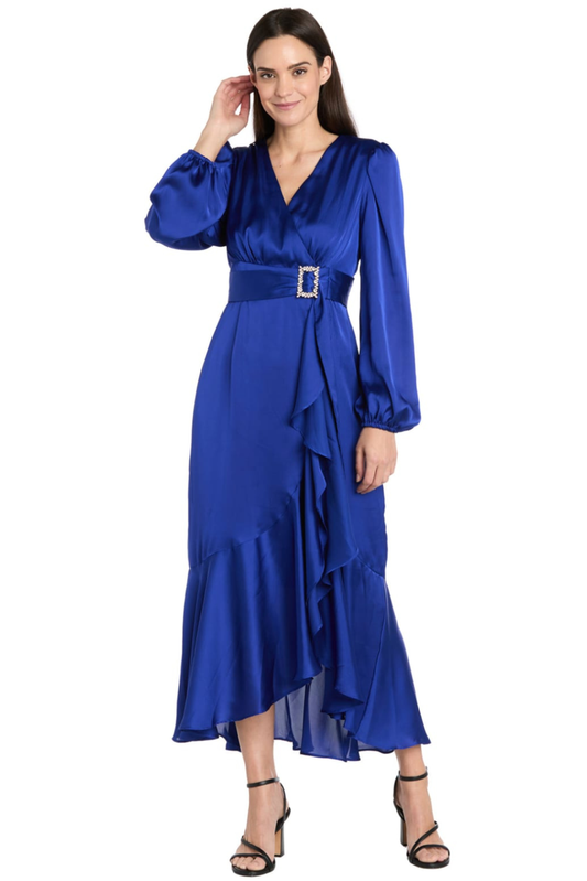 R&M Richards Satin Rhinestone-Buckle Faux-Wrap Party Dress